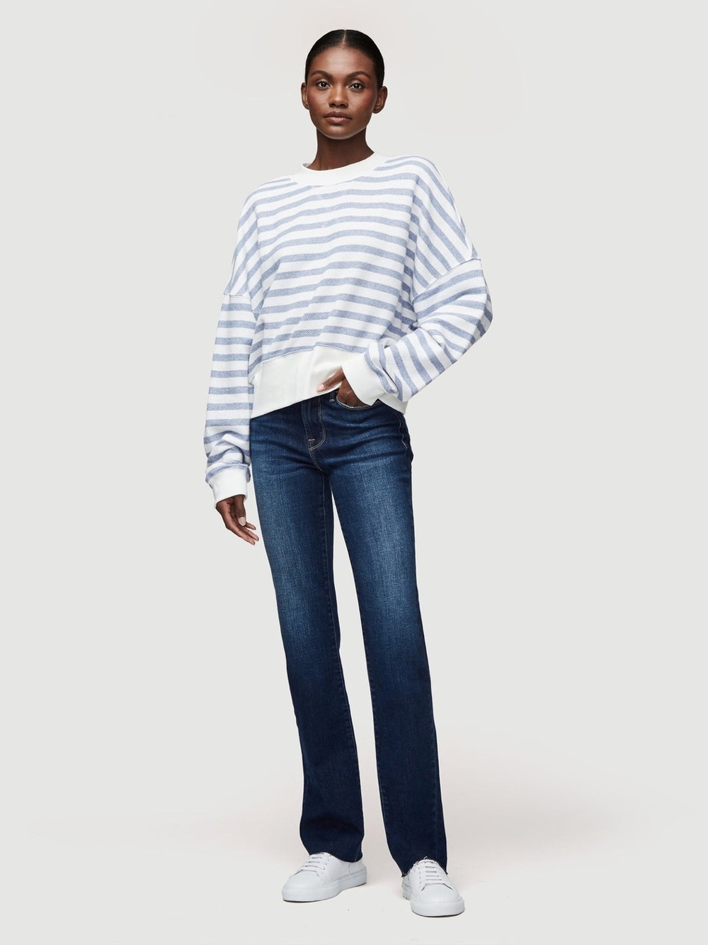 FRAME Drop Shoulder Crew Pullover Chambray Multi Striped Sweatshirt XS